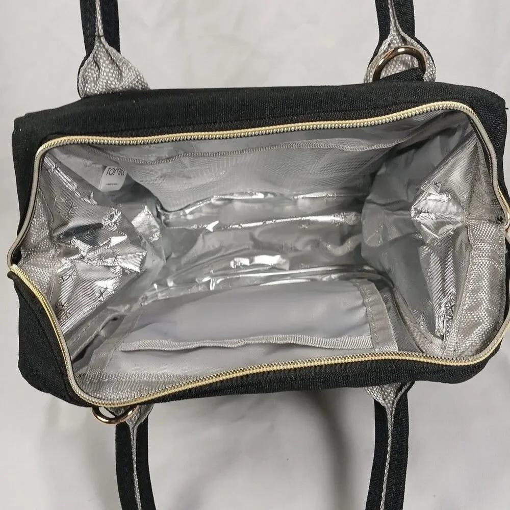 Tomill Insulated Cooler Lunchbox Tote Bag Black with Gold Zippers New Tags